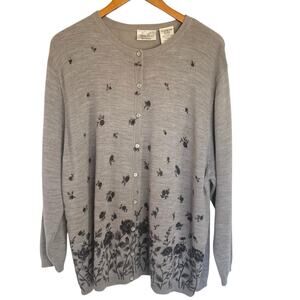 Kathie Lee Ramie Wool Blend Gray Floral Print Cardigan Button Front Size 26/28W